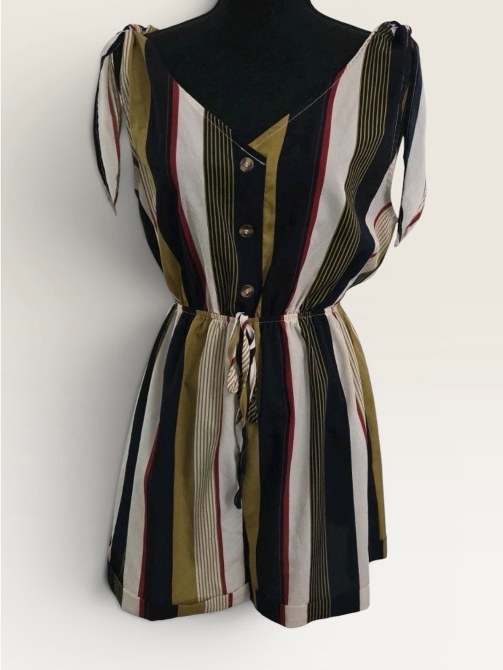 Striped Tie-Shoulder Women’s Shorts Romper in Black/Olive